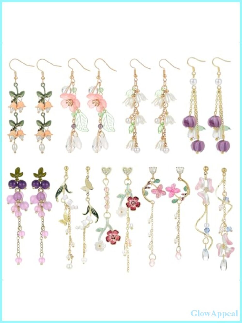 9 Pairs Floral Dangle Earrings Set Hypoallergenic Stainless Steel Pearl Accents